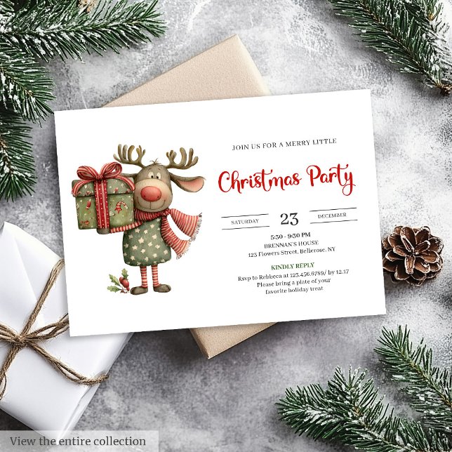 Convite Rena de Natal engraçada vermelha verde imprimível  (Funny Reindeer red green printable Christmas invite)