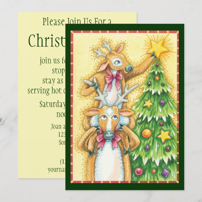 Convite Rena de Natal Fofa Com Estrela de Árvore de Natal (Frente/Verso)