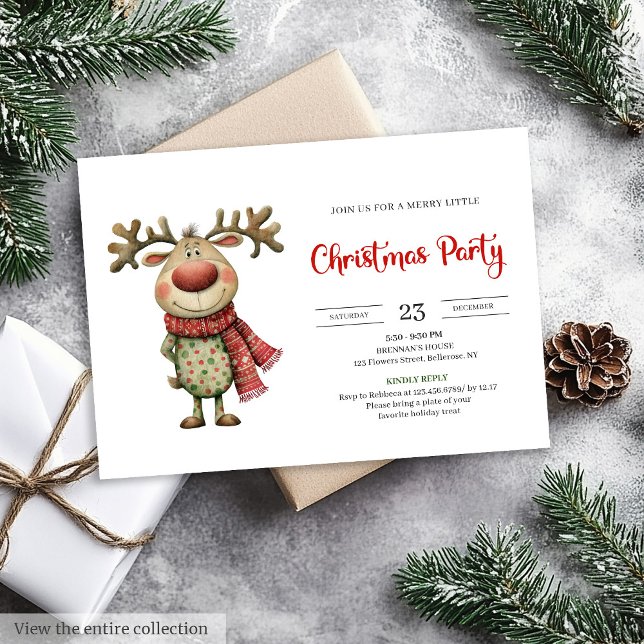Convite Rena Desajeitada Celebração Moderna Vermelha Verde (Quirky Reindeer Modern Red Green Celebration Invitation

)