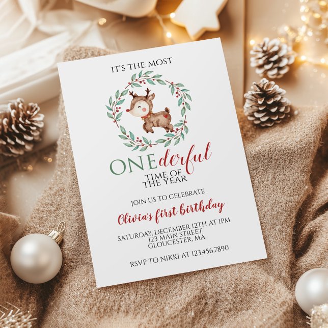 Convite Renas de Natal Onederful Primeiro Aniversário (Criador carregado)