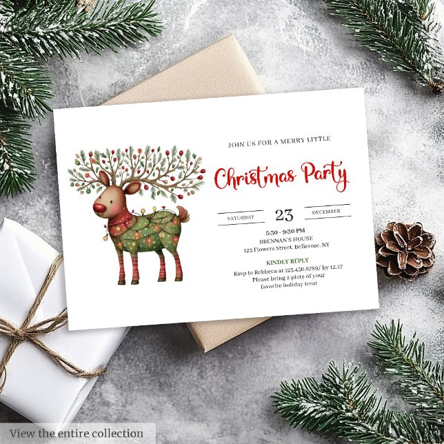 Convite Renas Quirky aquarela vermelho verde Natal  (Quirky Reindeer watercolor red green Christmas invite)