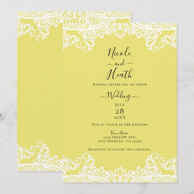 Convite Renda Amarela e Branca Casamento Elegante (Frente/Verso)