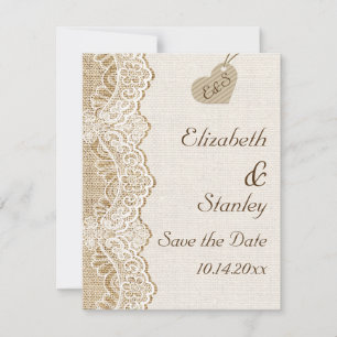 Convite Renda branca & coração em burlap Save the Date de