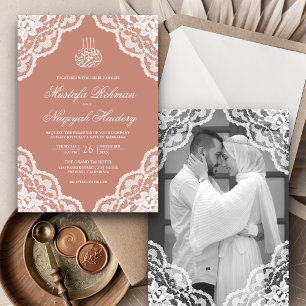 Convite Renda Branca Pêssego Empoeirado Foto de Casamento
