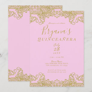 Convite Renda Brilhante Rosa e Dourado Elegante Quinceañer