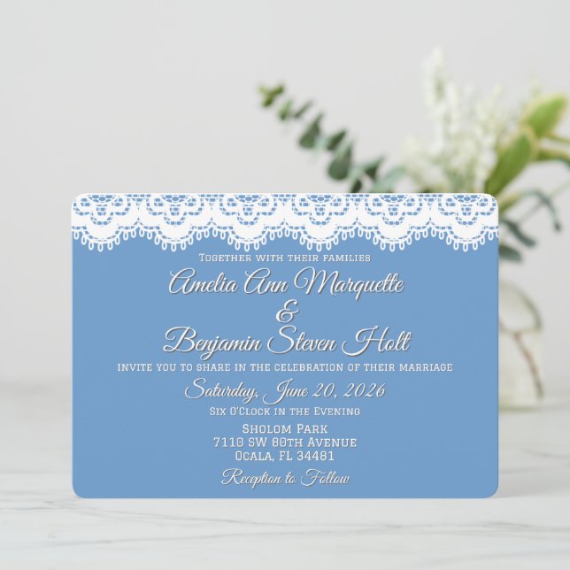 Convite Renda Chique Branca e Casamento Azul Desbotado (Em pé/Frente)