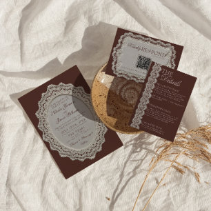Convite Renda de Crochê Marrom Chocolate Retro Casamento O