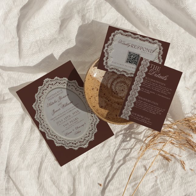 Convite Renda de Crochê Marrom Chocolate Retro Casamento O (Criador carregado)