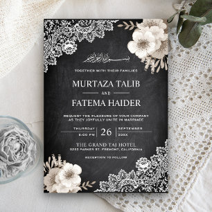 Convite Renda de Giz Marfim Floral Casamento Islâmico