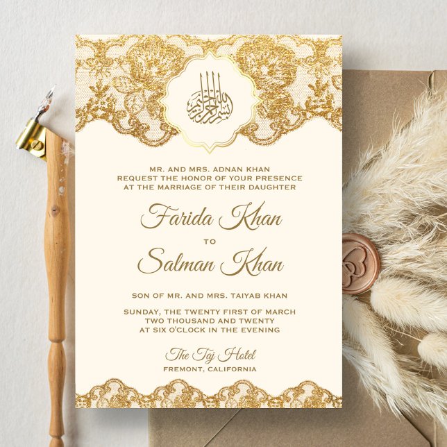 Convite Renda de Ouro e Creme para Casamento Islâmico Muçu (Criador carregado)
