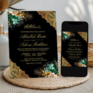 Convite Renda Dourada Floral Esmeralda Preta Casamento Muç