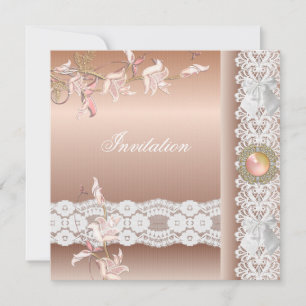 Convite renda floral rosa pêssego