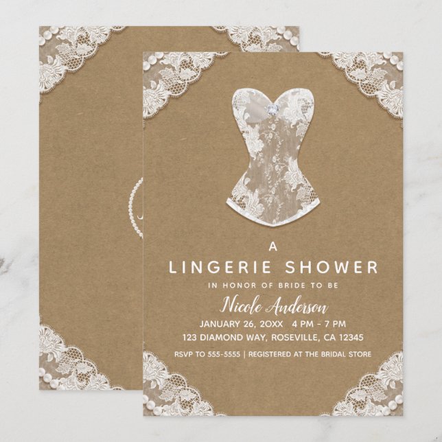 Convite Renda Kraft e Pérolas Lingerie de Noiva Presente d (Frente/Verso)
