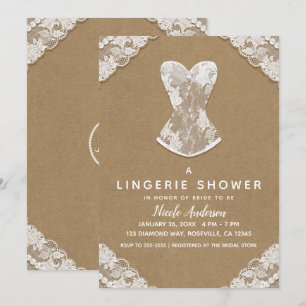 Convite Renda Kraft e Pérolas Lingerie de Noiva Presente d
