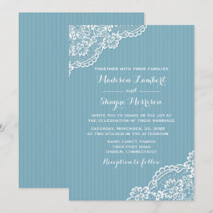 Convite Renda Listras Azuis Casamento Elegante Branco