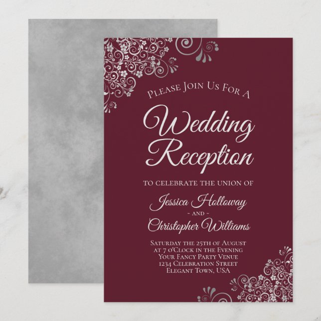Convite Renda Prateada em Recepção de Casamento Elegante B (Frente/Verso)