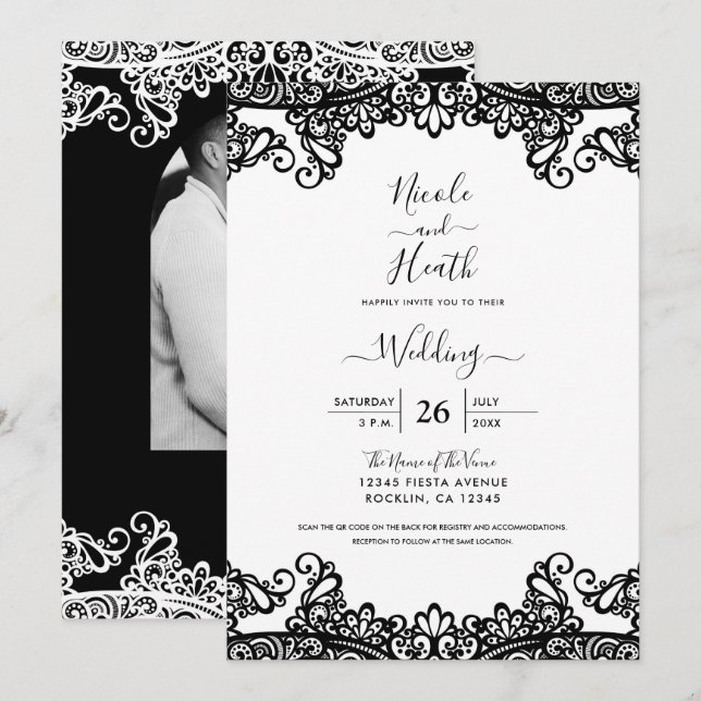 Convite Renda Preta e Branca Casamento Elegante (Frente/Verso)