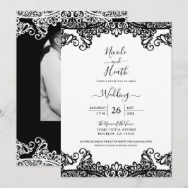 Convite Renda Preta e Branca Casamento Elegante