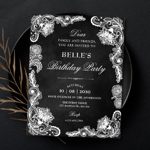Convite Renda preta e branca de aniversário vintage