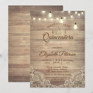 Convite Renda Rústica, Luzes, Tiara, Festa de Quinceañera