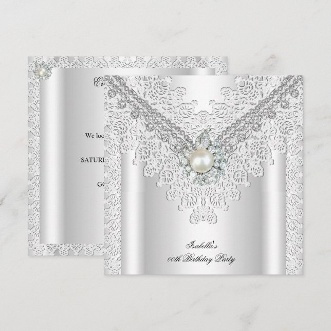 Convite Renda Vintage Pérola Prata Branco Aniversário Eleg (Frente/Verso)