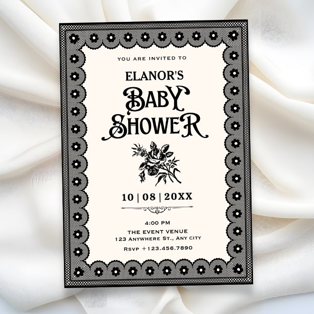 Convite Renda vitoriana preta baby shower (Criador carregado)