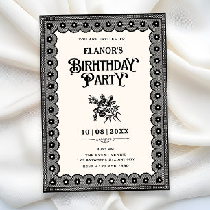Convite Renda vitoriana preta de aniversário