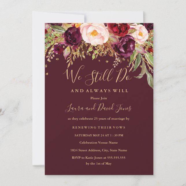 Convite Renovação da Vinha Vermelha Floral Burgundy (Frente)