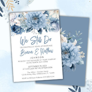 Convite Renovação de Voto de Casamento Floral Azul Empoeir