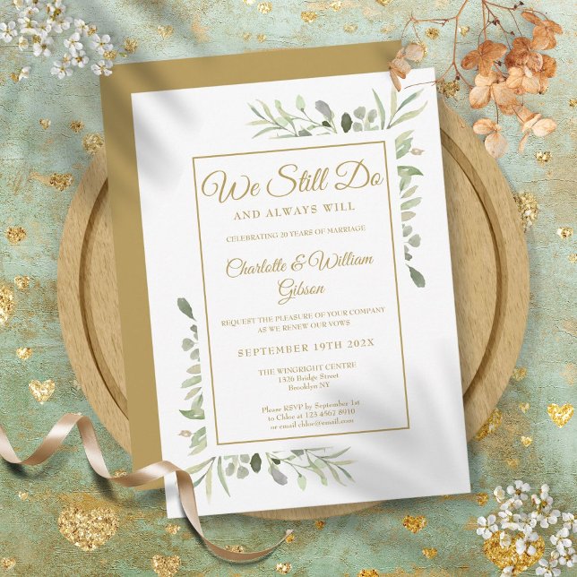 Convite Renovação de Votos Ainda Fazemos Aniversário de Bo (Vow Renewal We Still Do Gold Greenery Anniversary Invitation)
