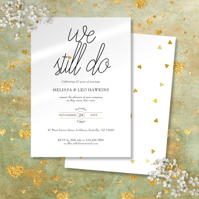 Convite Renovação de Votos Ainda Fazemos Coração de Amor D (Vow Renewal We Still Do Chic Gold Love Heart Invitation)