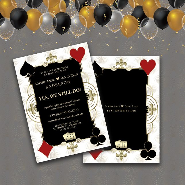 Convite Renovação de Votos de Cassino Elegante Las Vegas  (Art Deco renew the vows invitation, gold black white casino invitation, )