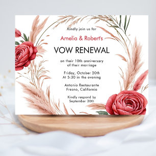 Convite Renovação de Vow Boho Pampas de Rosa vermelha Rosa