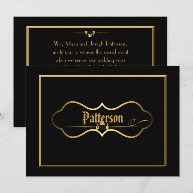 Convite Renovação de Vow de Casamento Preto e Dourado (Frente/Verso)