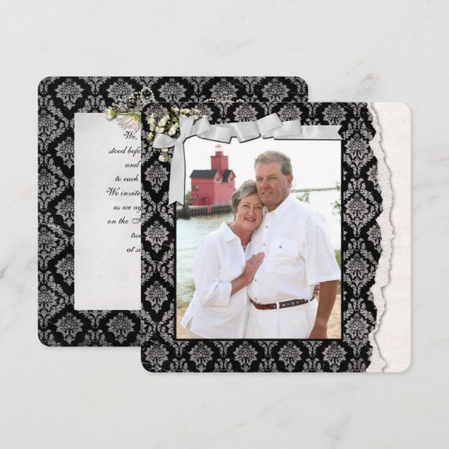 Convite Renovação de Vow de Foto do Damask (Frente/Verso)
