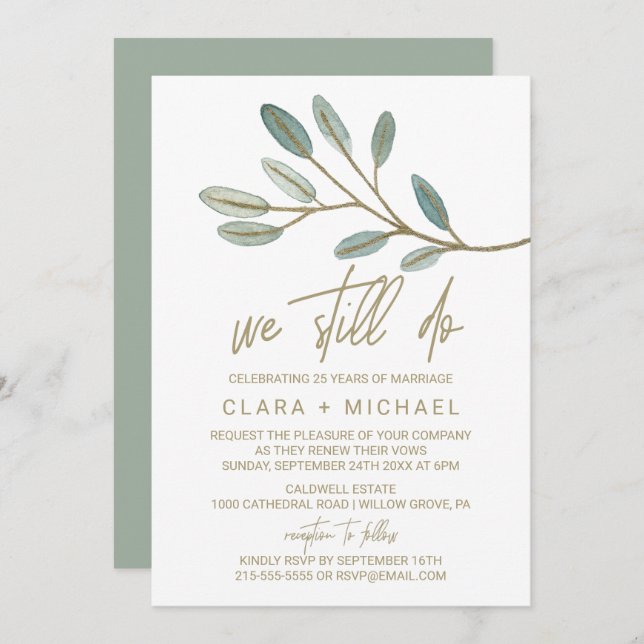 Convite Renovação de Vow Eucalyptus Verinhada Dourada (Frente/Verso)