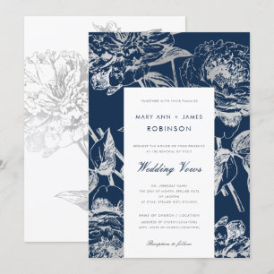 Convite Renovação de Vow Simple Floral Marinho Azul