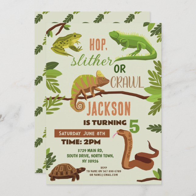 Convite Répteis Festa de aniversário Lizard Sapos Iguana (Frente/Verso)