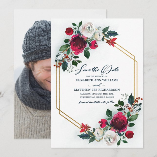 Convite Reserve a Data. Azul empoeirado | Foto De Casament (Frente/Verso)