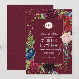 Convite Reserve a Data. Borgonha  Marinho Blue Floral