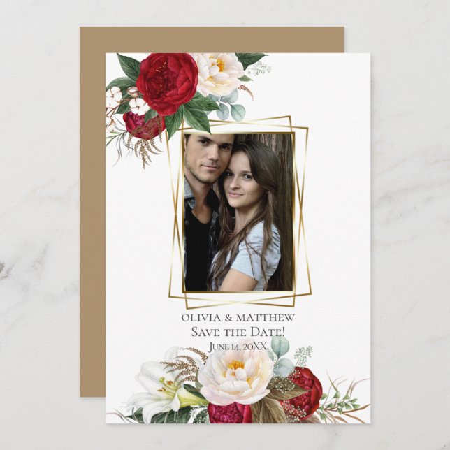 Convite Reserve a Data | Burgundy Peony Buquês (Frente/Verso)