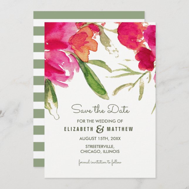 Convite Reserve a Data. Fuchsia Green Floral (Frente/Verso)