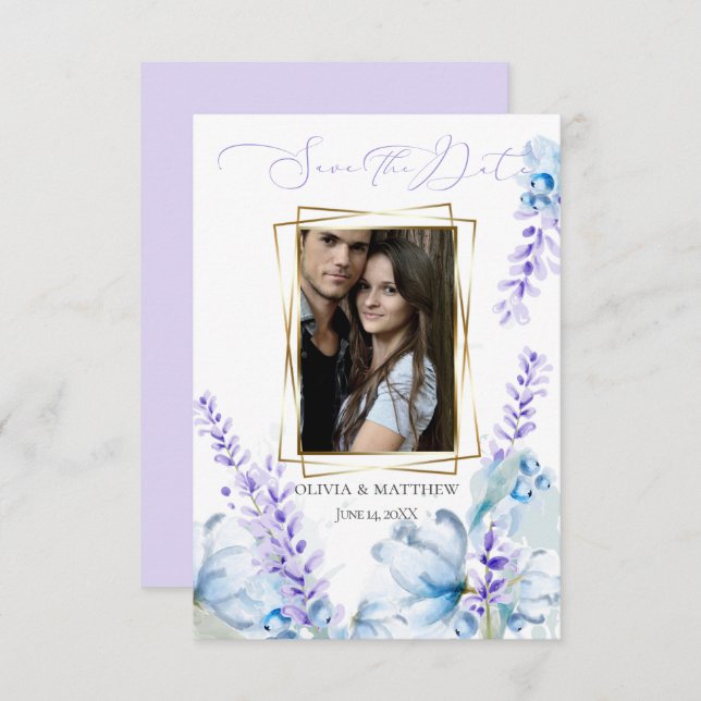 Convite RESERVE A DATA | Lavanda de aquarela - Azul poeire (Frente/Verso)