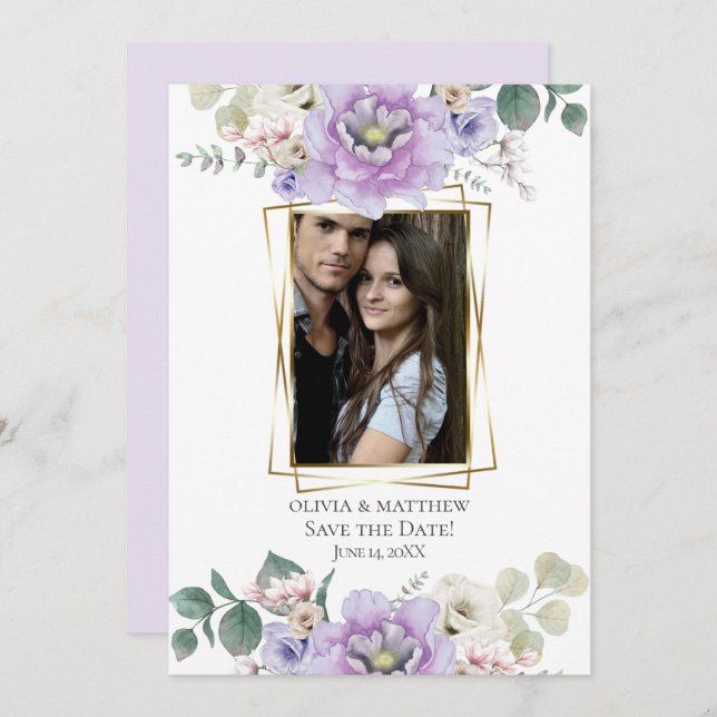 Convite Reserve a Data | Peony Floral Lavanda de Aquarela (Frente/Verso)