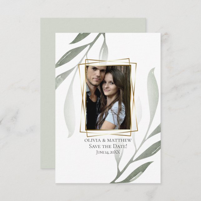 Convite RESERVE A DATA | Sage Green Olive Branch — Waterco (Frente/Verso)