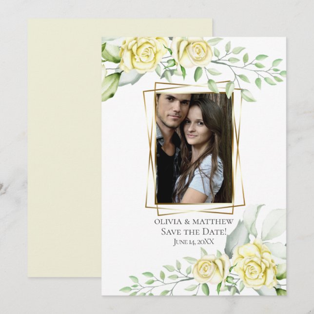 Convite Reserve a Data | Watercolor Rosa amarelo-marfim (Frente/Verso)