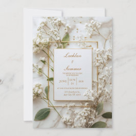 Convite Respiro de Bebê Branco Mármore Casamento Minimalis