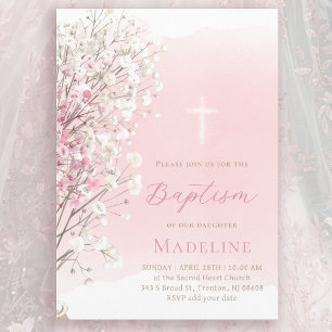 Convite respiro de bebê em aquarela rosa Batismo menina