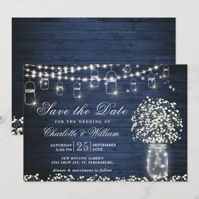 Convite Respiro de Bebê Jarro de Mason Azul Rústico de Mad (Frente/Verso)