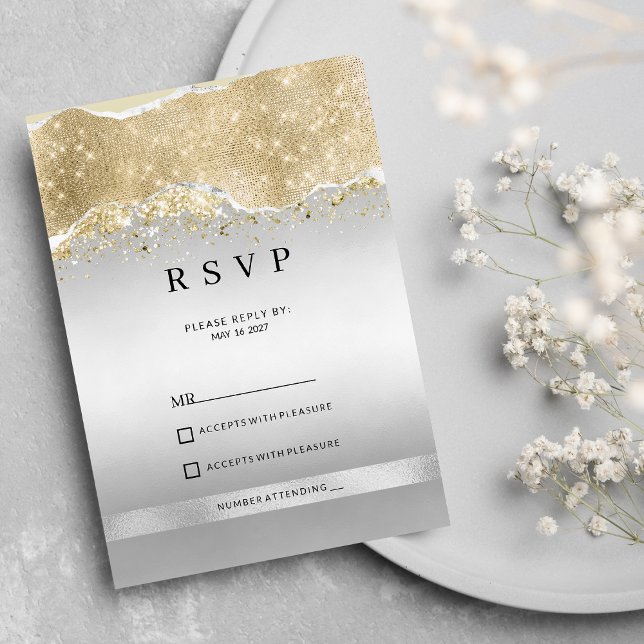Convite Responda com brilho prateado e dourado deslumbrant (Dazzling silver and gold sparkle glitter RSVP)